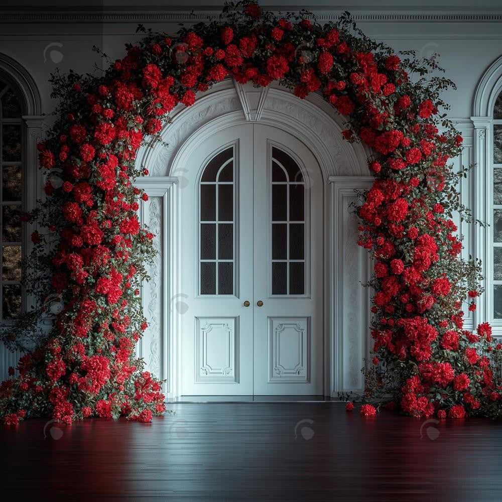 Allenjoy Valentine Red Walls And White Doors Flower Photography Backdrop Gbsx-01416