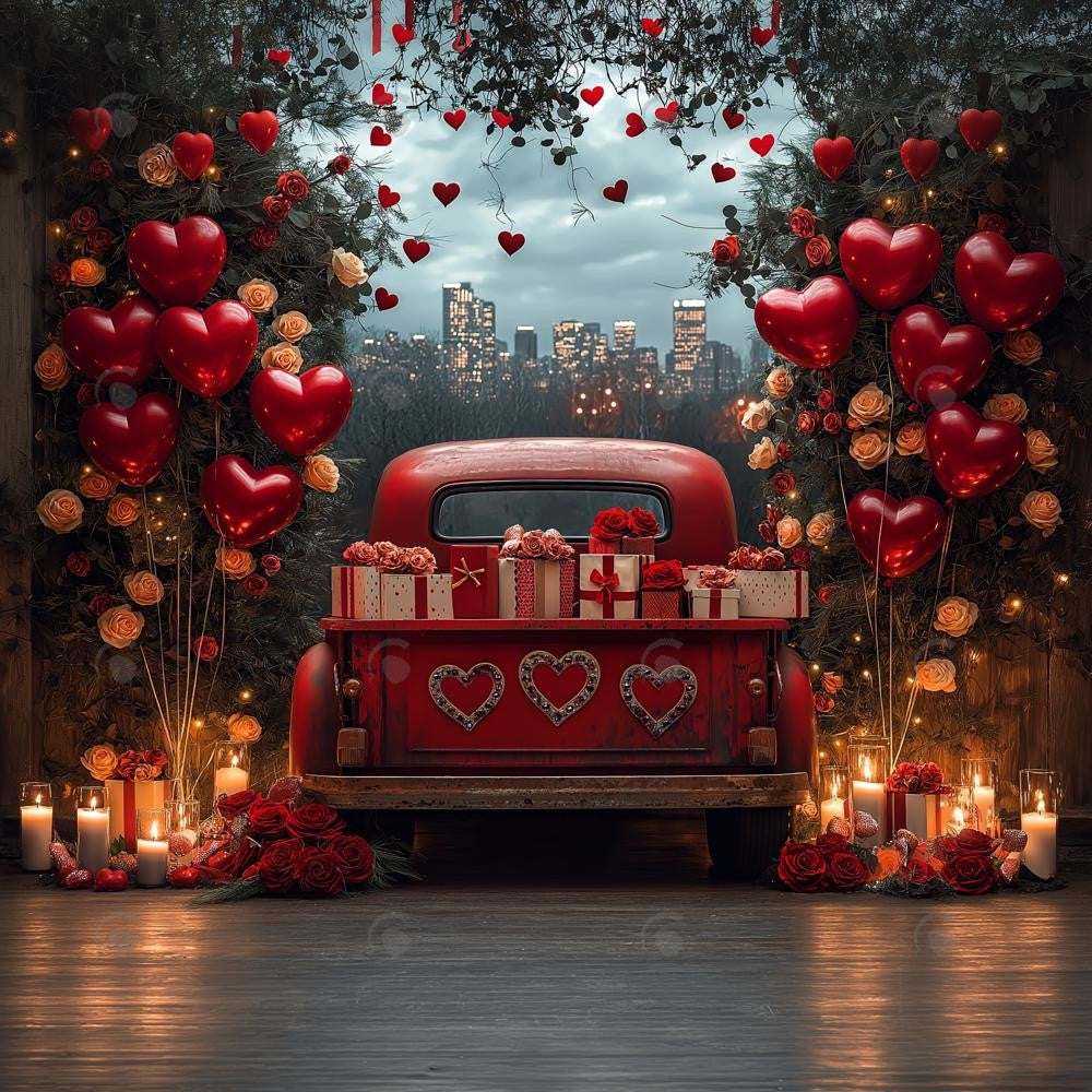 Allenjoy Valentine Truck With Heart Balloons Photography Backdrop Gbsx-01337
