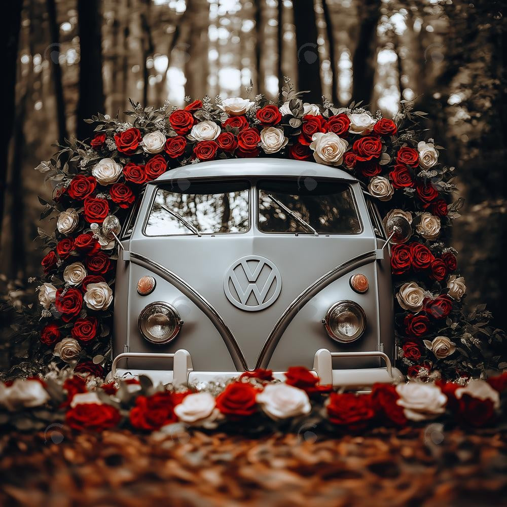 Allenjoy Valentine Volkswagen Bus With Flowers Arch Photography Backdrop Gbsx-01436