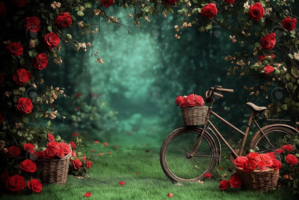 Allenjoy Valentine Whimsical Forest Floral And Old Bike Photography Backdrop Gbsx-01413
