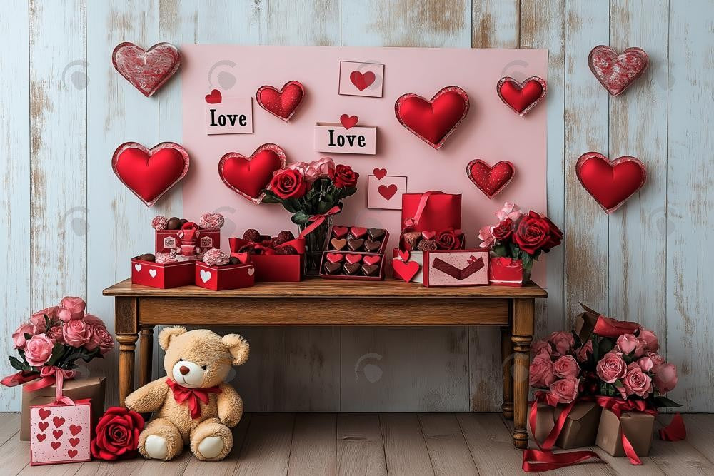 Allenjoy Valentine Wood Table With Love Gifts Photography Backdrop Gbsx-01393