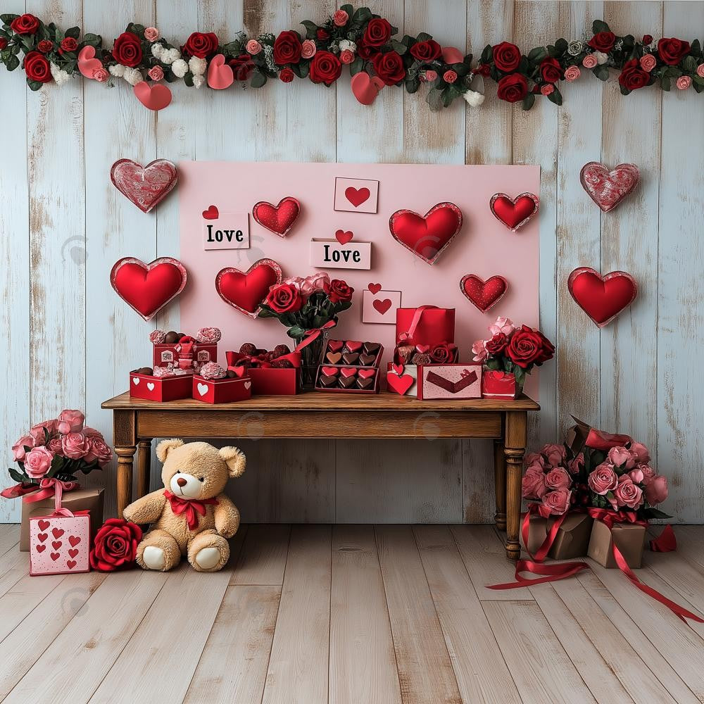 Allenjoy Valentine Wood Table With Love Gifts Photography Backdrop Gbsx-01393