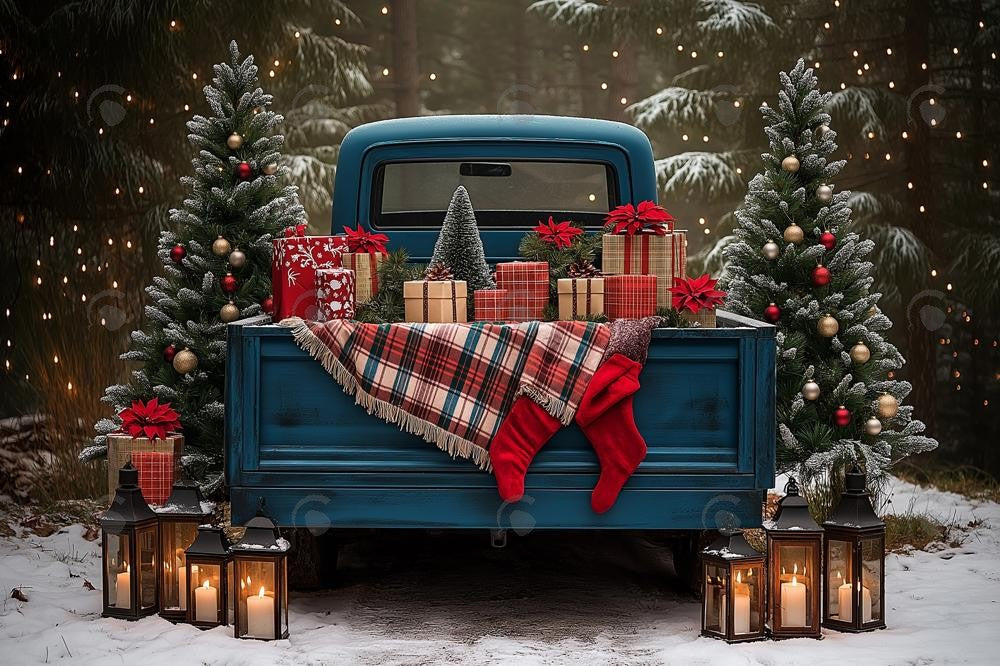 Allenjoy Vintage Christmas Blue Truck Trees Photography Backdrop Gbsx-01127