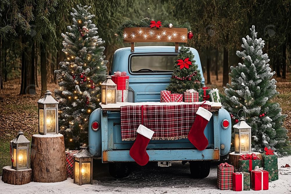 Allenjoy Vintage Christmas Blue Truck Trees Photography Backdrop Gbsx-01128