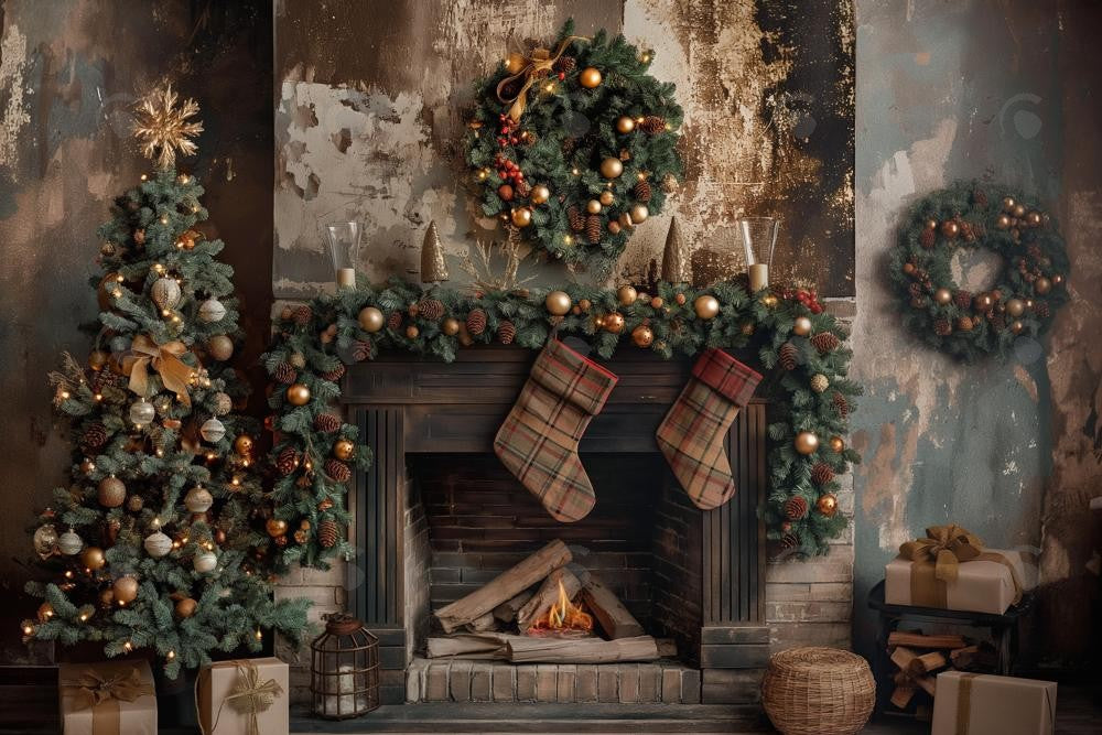 Allenjoy Vintage Loft Fireplace Tree Photography Backdrop Gbsx-00752