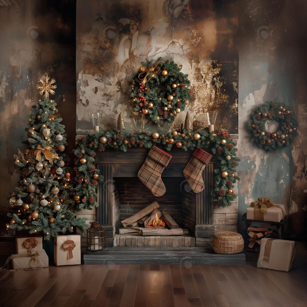 Allenjoy Vintage Loft Fireplace Tree Photography Backdrop Gbsx-00752