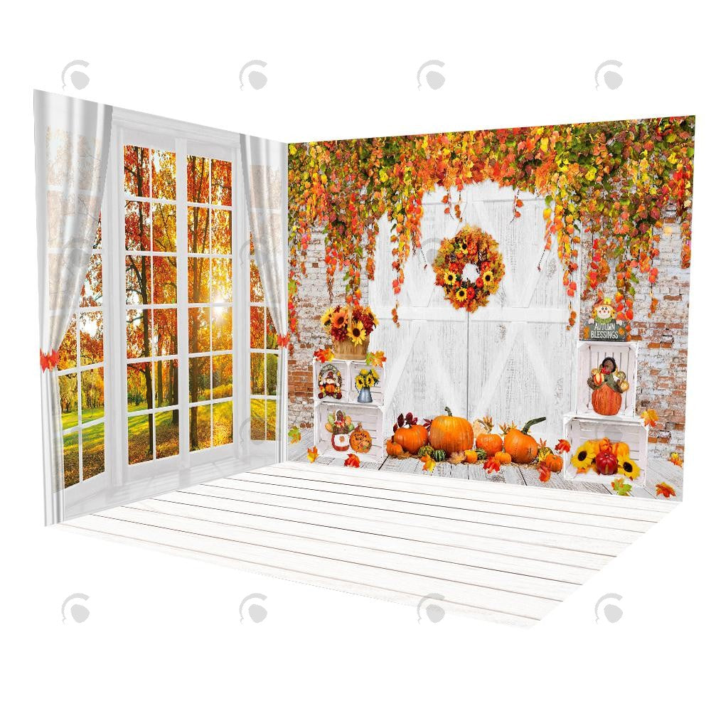 Allenjoy White Autumn Barn Door Room Set Backdrop YM2T-A4943&YM8P-A7473&YM8C-B0488