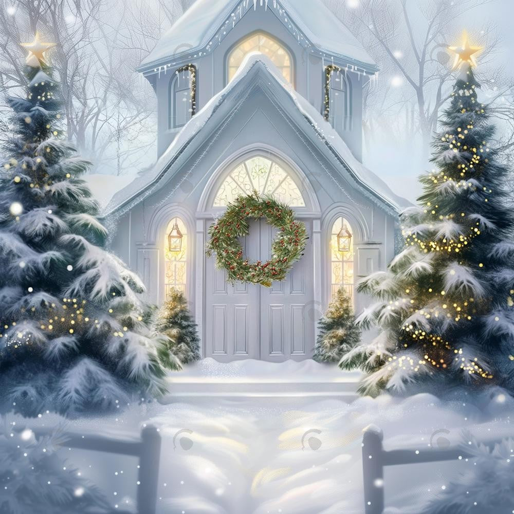 Allenjoy White Winter Church Door Photography Backdrop GBSX-00148