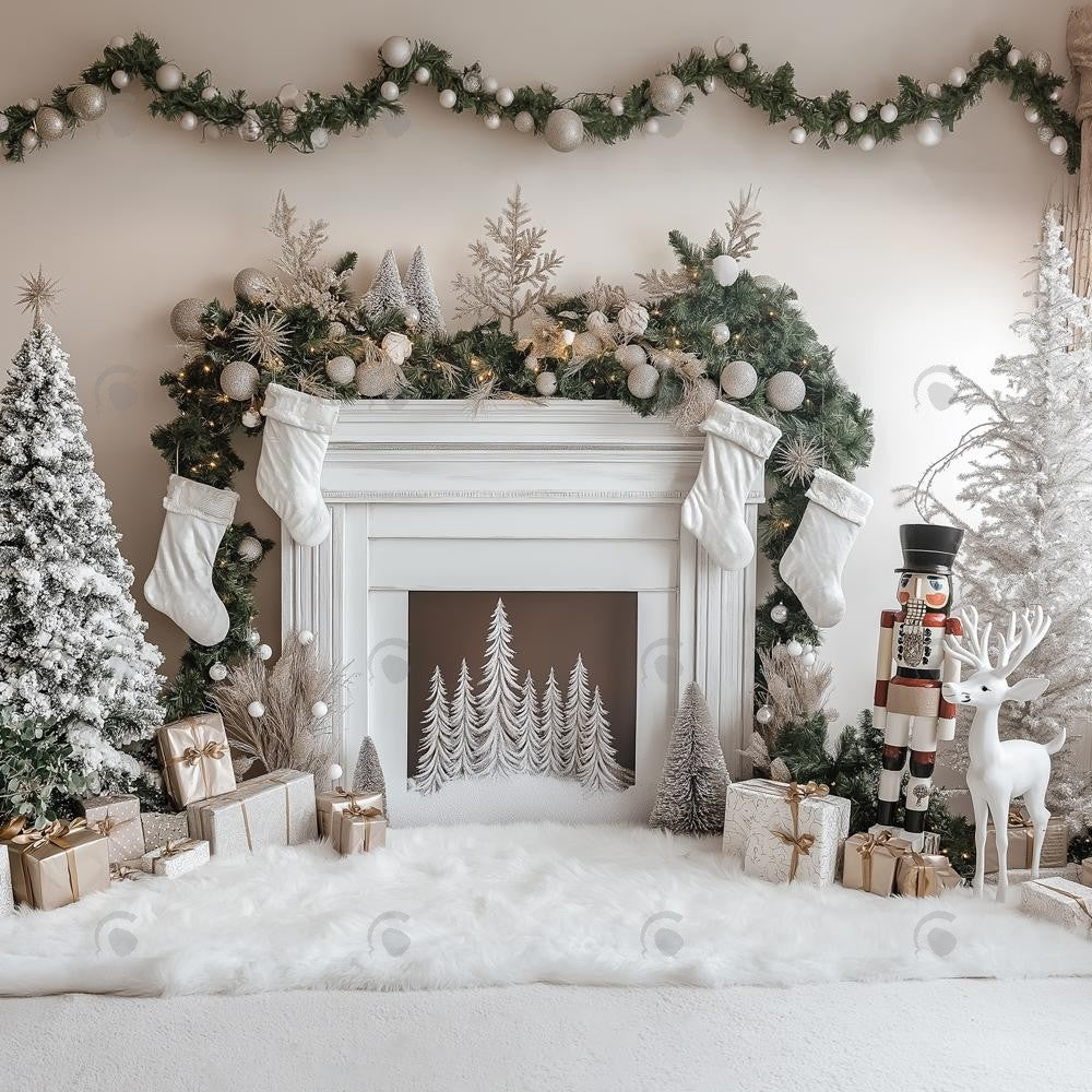 Allenjoy White Winter Nutcracker Fireplace Photography Backdrop Gbsx-01144