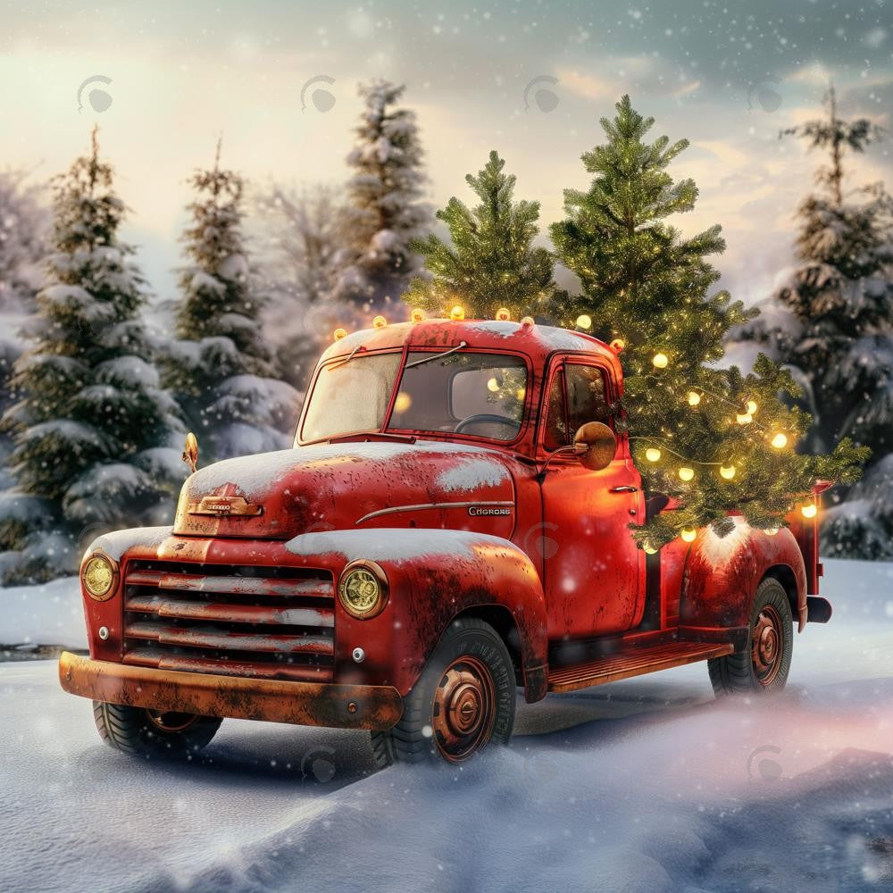 Allenjoy Winter Forest Christmas Red Truck Photography Backdrop Gbsx-00821