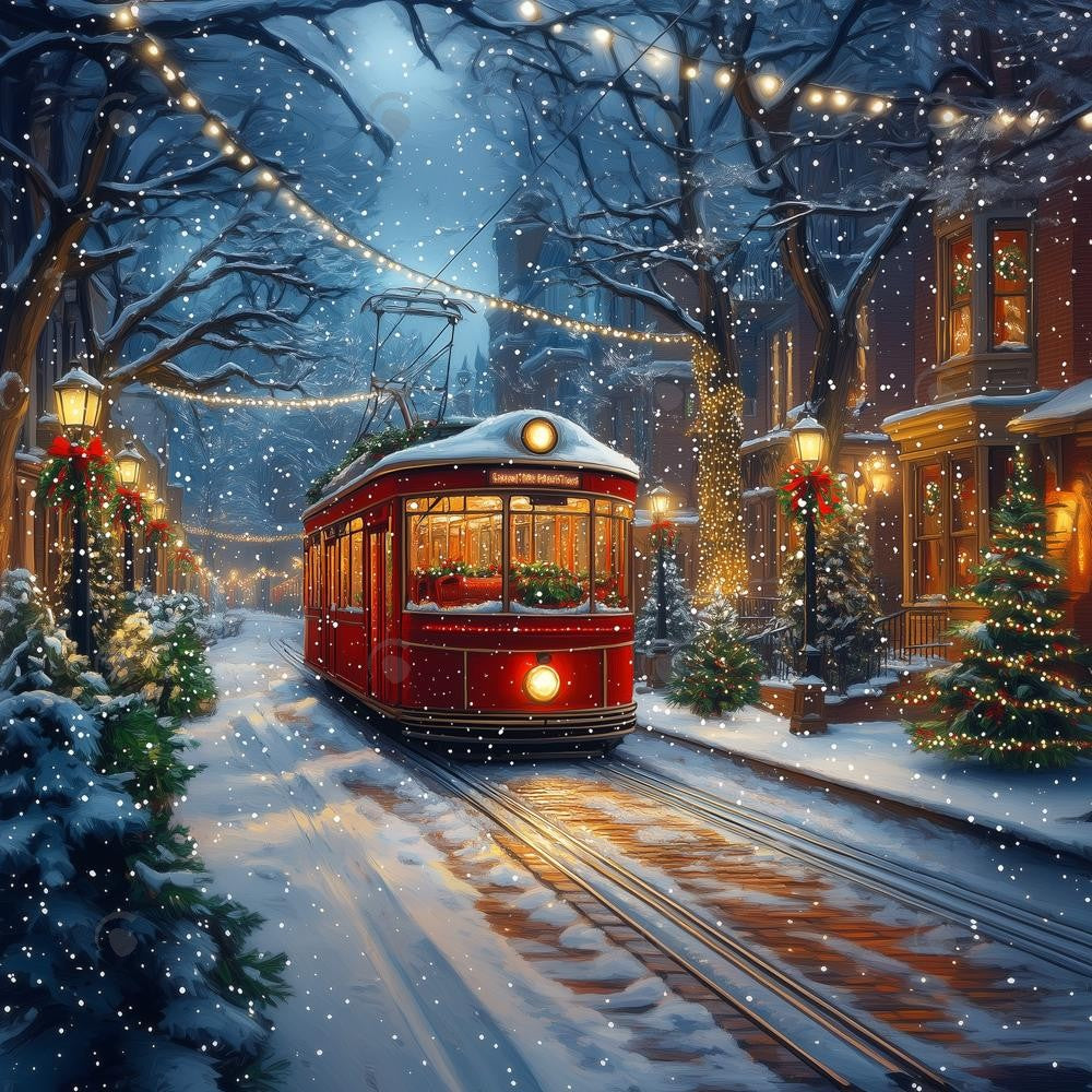 Allenjoy Winter Holiday Night Street Tram Photography Backdrop Gbsx-01197