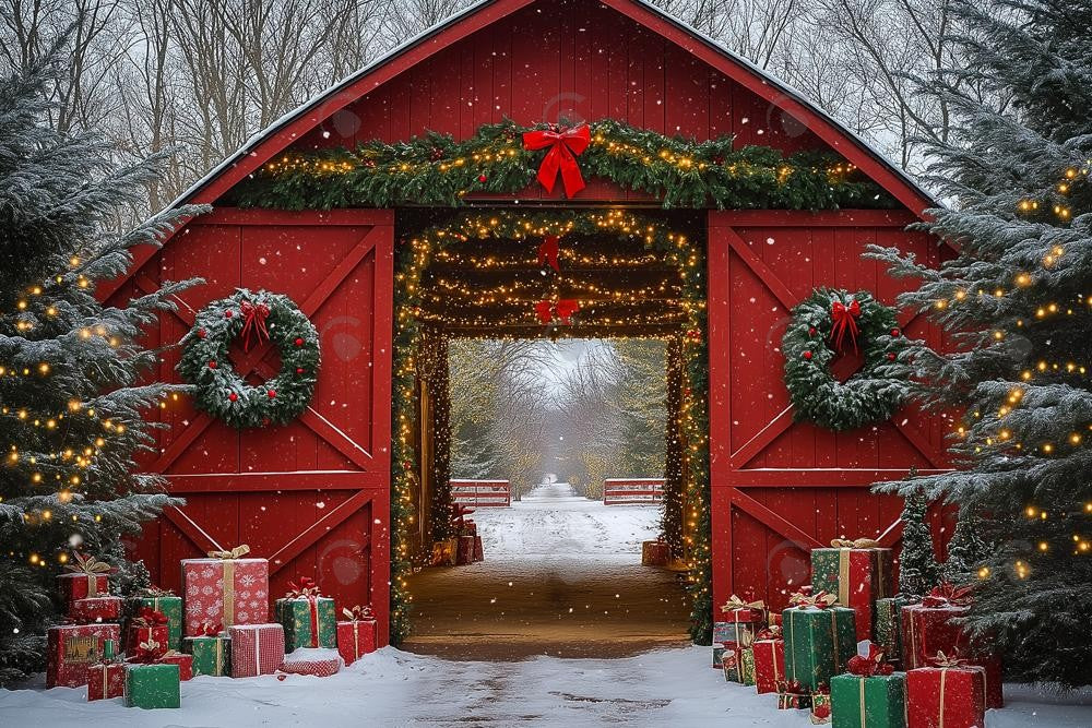 Allenjoy Winter Red Barn House Christmas Tree  Photography Backdrop Gbsx-01061