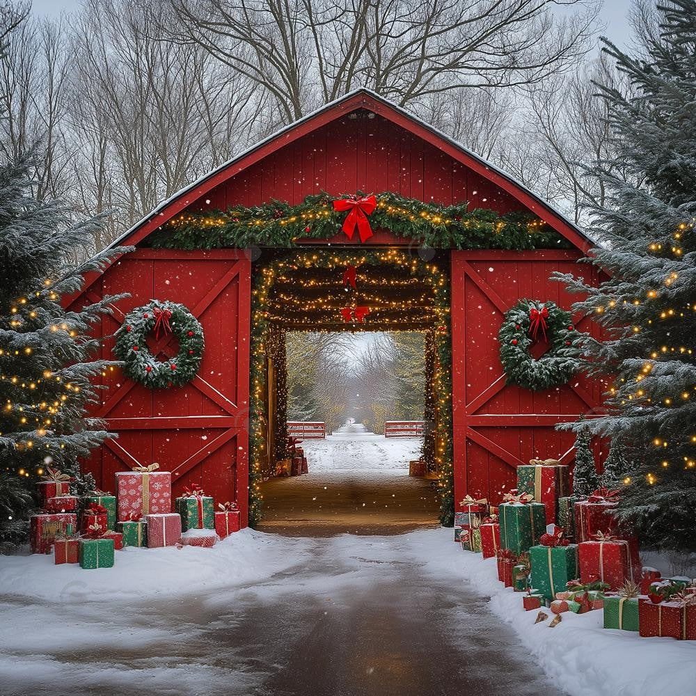 Allenjoy Winter Red Barn House Christmas Tree  Photography Backdrop Gbsx-01061