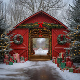 Allenjoy Winter Red Barn House Christmas Tree  Photography Backdrop Gbsx-01061
