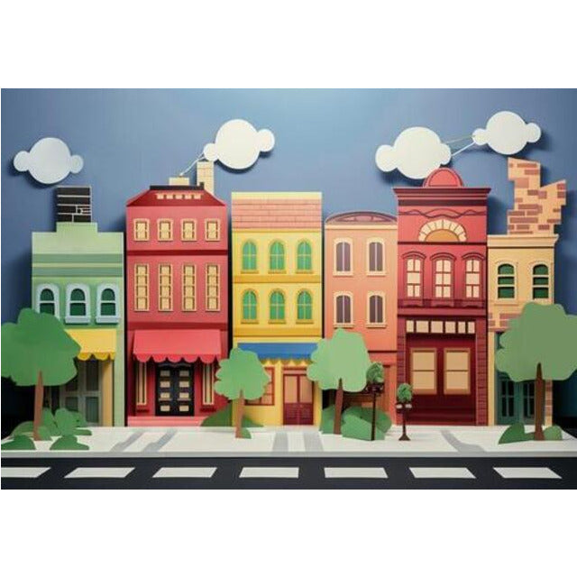 Allenjoy Urban Street Scene Paper-Cut Photography Backdrop Animated Houses Buildings Photoshoot Background