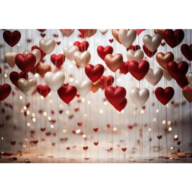 Allenjoy Valentine's Day Photography Backdrop Red and White Hearts Hang from Strings Decorations Photoshoot Background