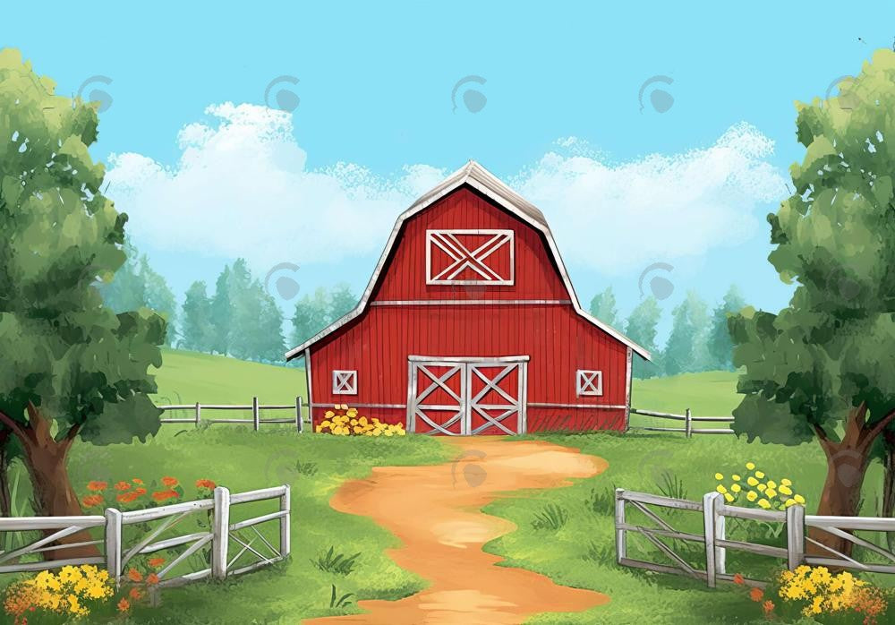 BELECO 9x6ft Fabric Cartoon Farm Red Barn Backdrop Red