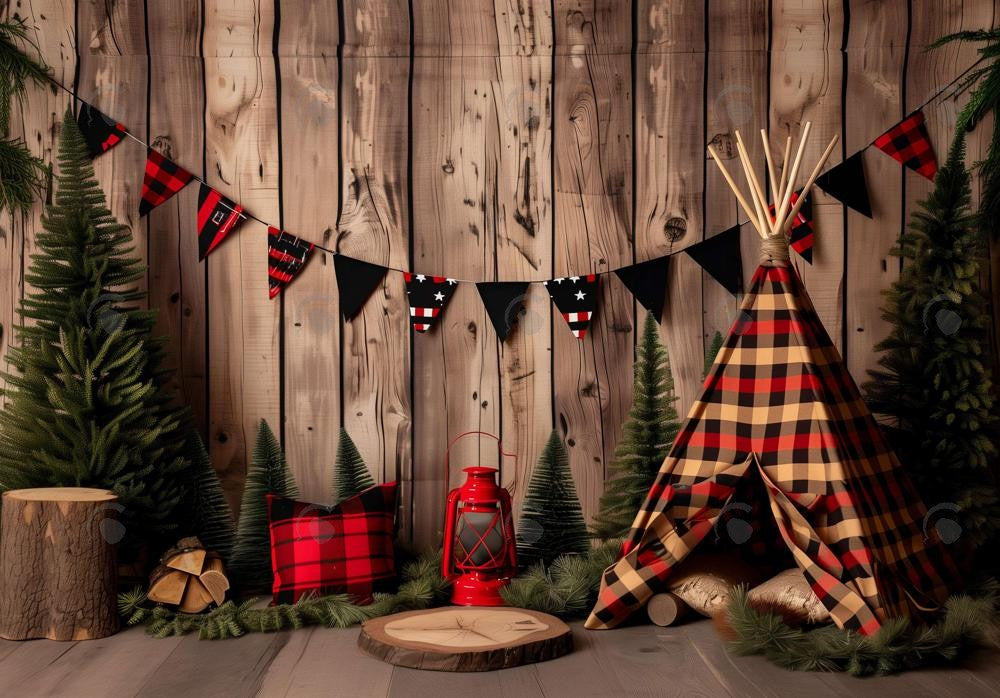 Camping Teepee Wood Wall Backdrop