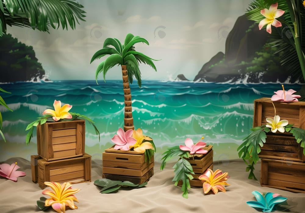 Island Beach Coconut Trees Flowers Backdrop