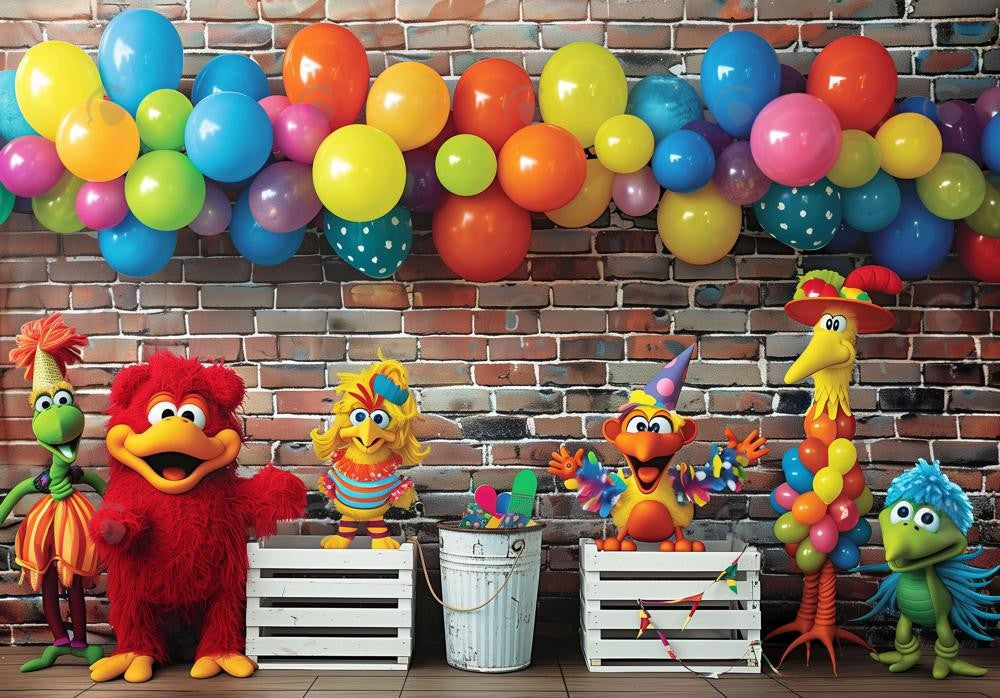 Cartoon Toys Brick Wall Birthday Backdrop