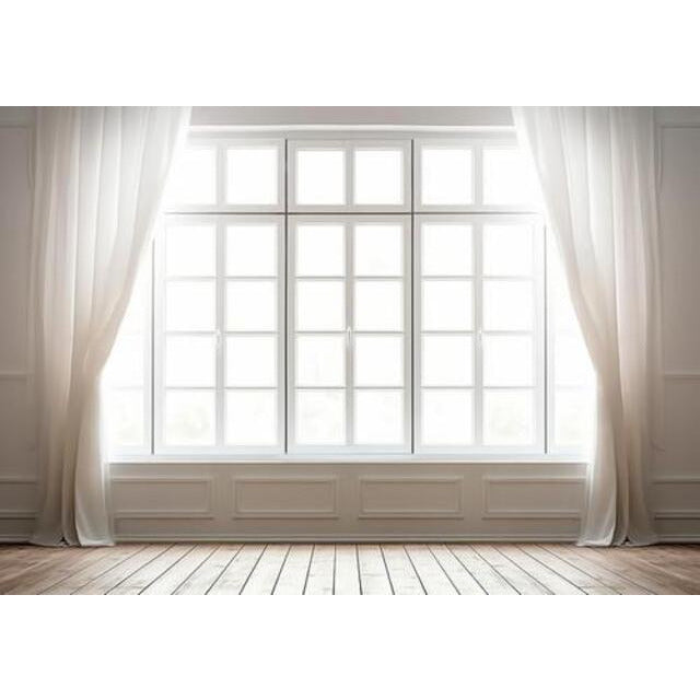 Allenjoy White Curtain Window View Photography Backdrop Realistic Indoor Design Wooden Floor Photoshoot Background