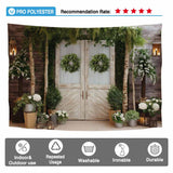 Allenjoy Greenery Spring Wooden Door Photography Backdrop Rustic Door Set Botanical Wedding Bridal Decorations Photoshoot Background