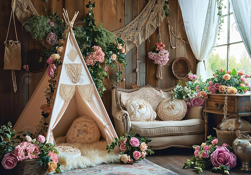 boho tent Boho Tent Tea Time Backdrop 10x6.5ft (3x2m) / Pro Polyester