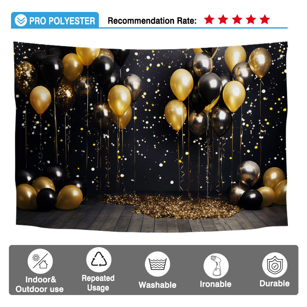 Allenjoy Black and Gold Balloons Photography Backdrop Black Background with Confetti Party Decorations Photoshoot Studio Props