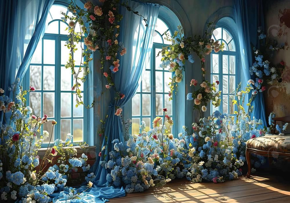 Blue Flower Curtain Window Room Backdrop