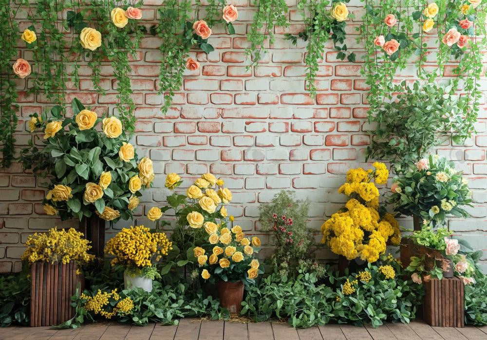 Spring Yellow Flowers Brick Wall Backdrop