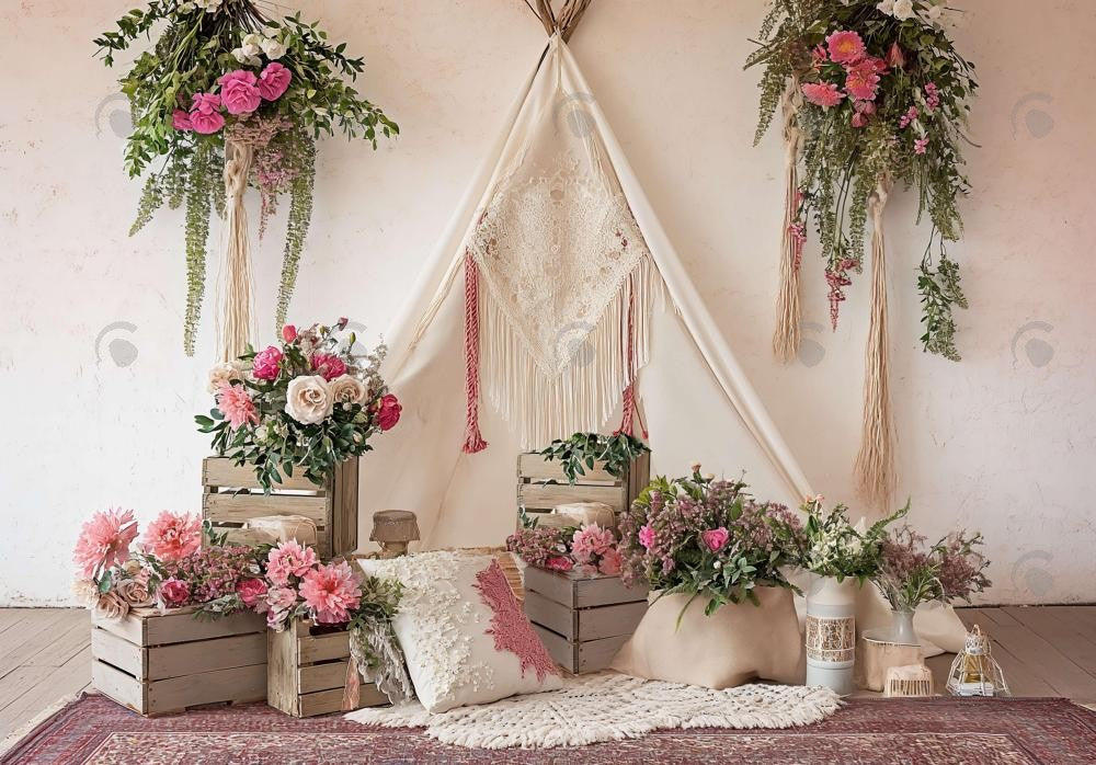 floral tent Boho Tent Tea Party Rose Backdrop 8x8ft (2.4x2.4m) / Pro Polyester
