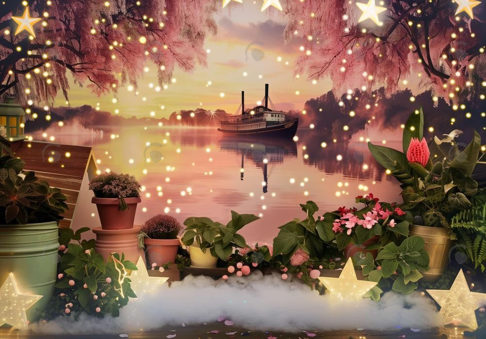 River Boat Pink Sunset Sky Backdrop
