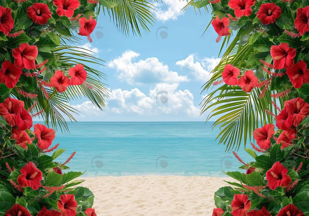 Beach Scene Red Flowers Backdrop