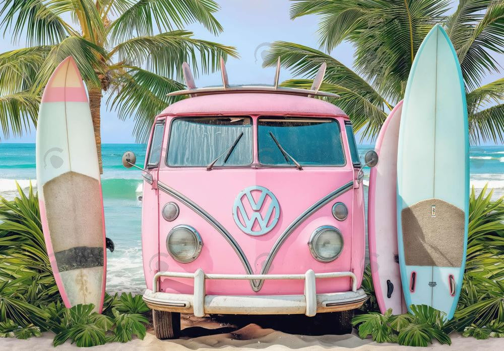 Hippie Bus Surfboard Beach Backdrop