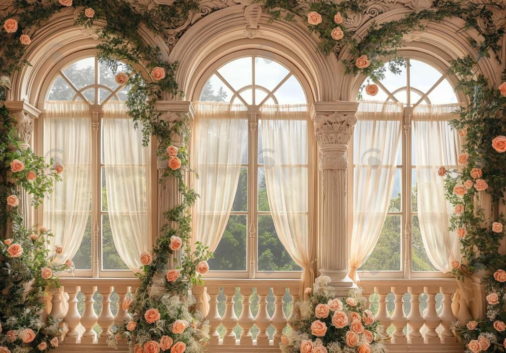 Creamy Colored Flowers Arch Windows Backdrop