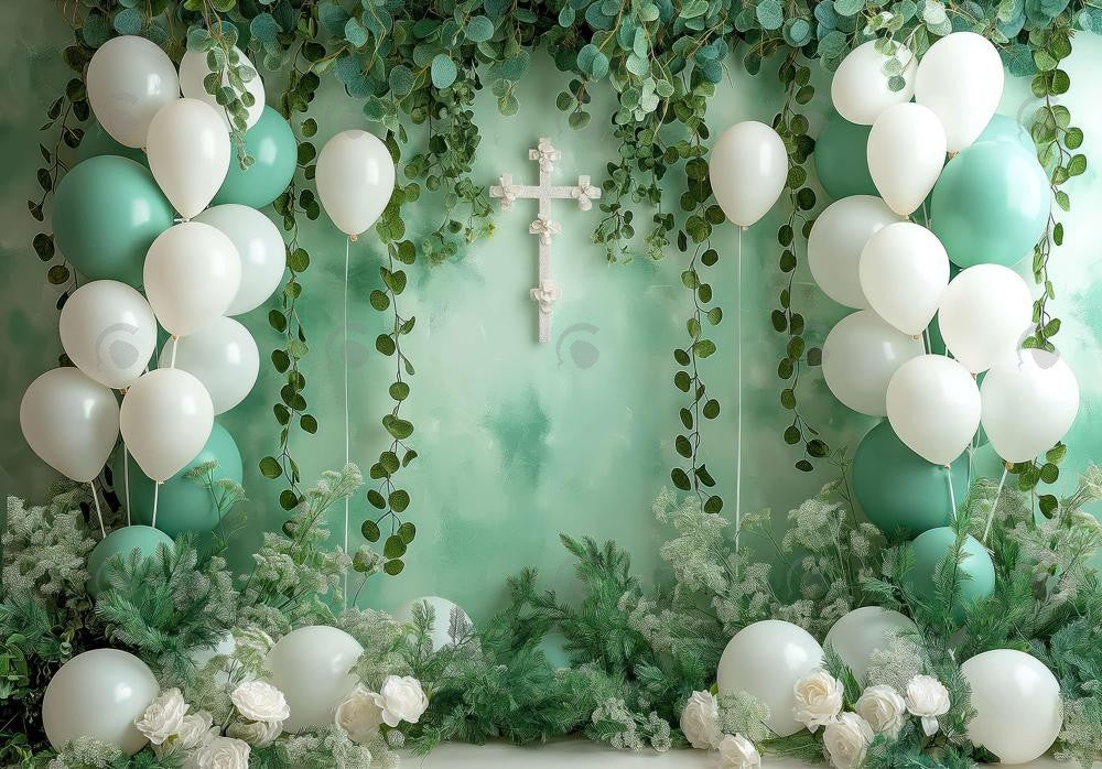 White and Green First Holy Communion Baptism Party Backdrop