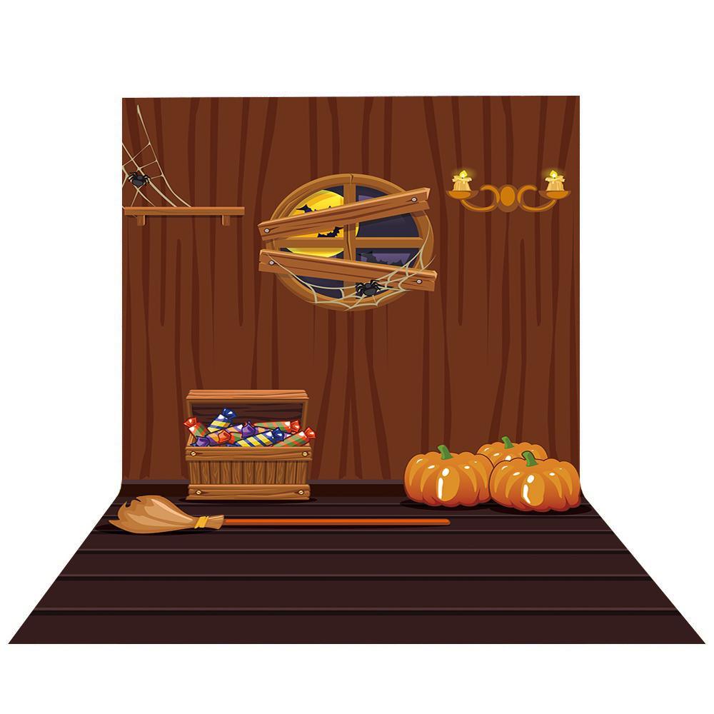Allenjoy Halloween Candy Pumpkin Broom on Wood Floor Backdrop - Allenjoystudio