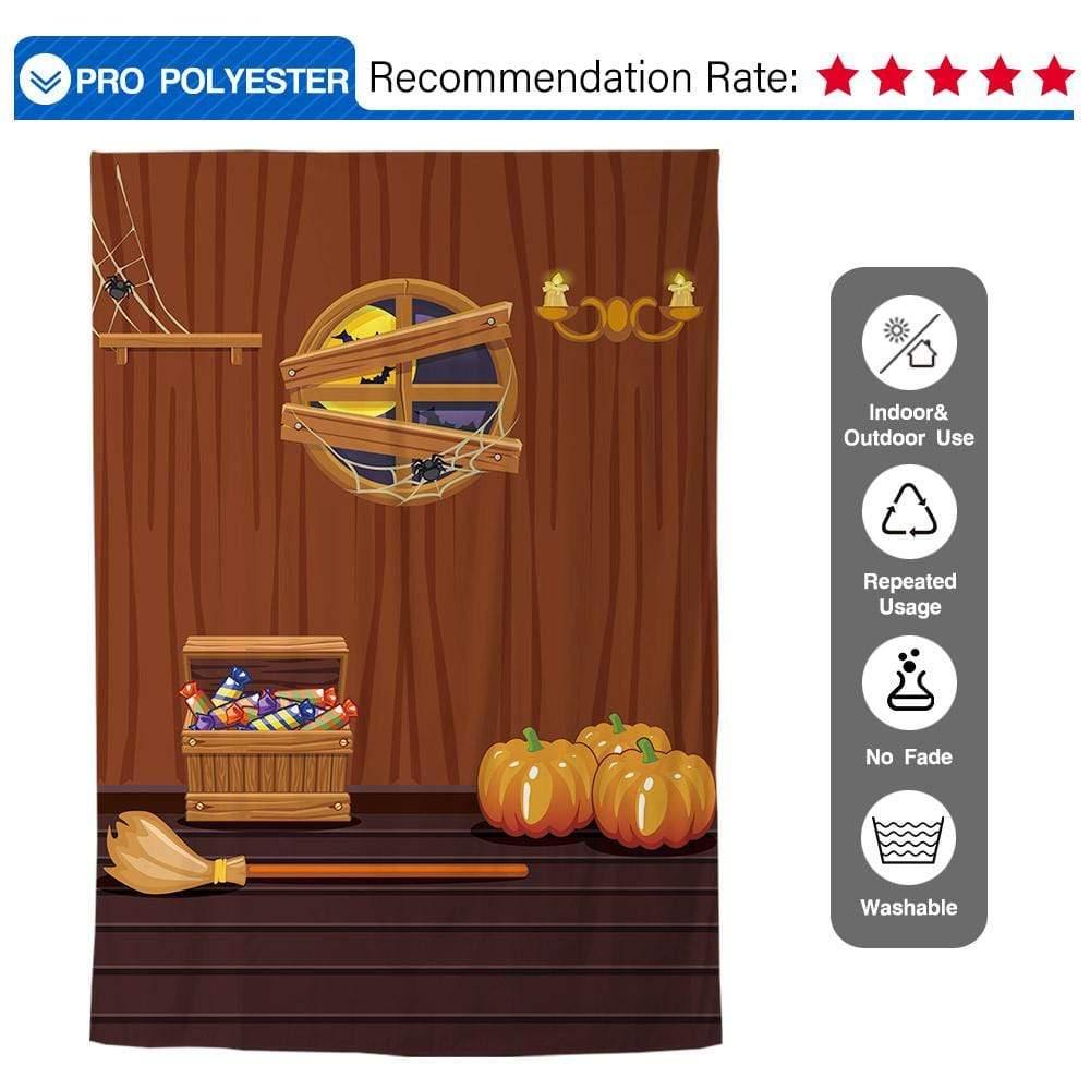 Allenjoy Halloween Candy Pumpkin Broom on Wood Floor Backdrop - Allenjoystudio