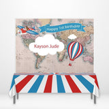Allenjoy 1st Birthday Map Balloon Aircraft Backdrop Clolorful Stripe Tablecloth
