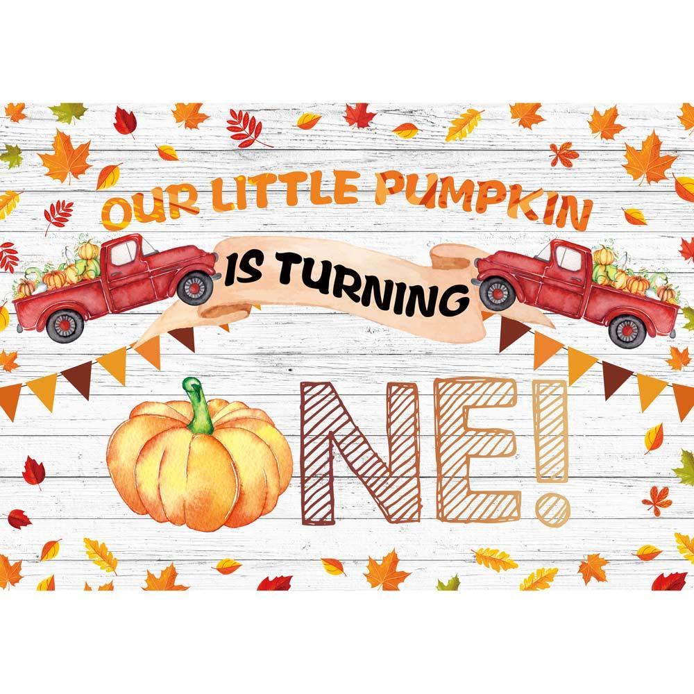 Allenjoy Autumn Our Little Pumpkin is Turning One White Wood Backdrop - Allenjoystudio