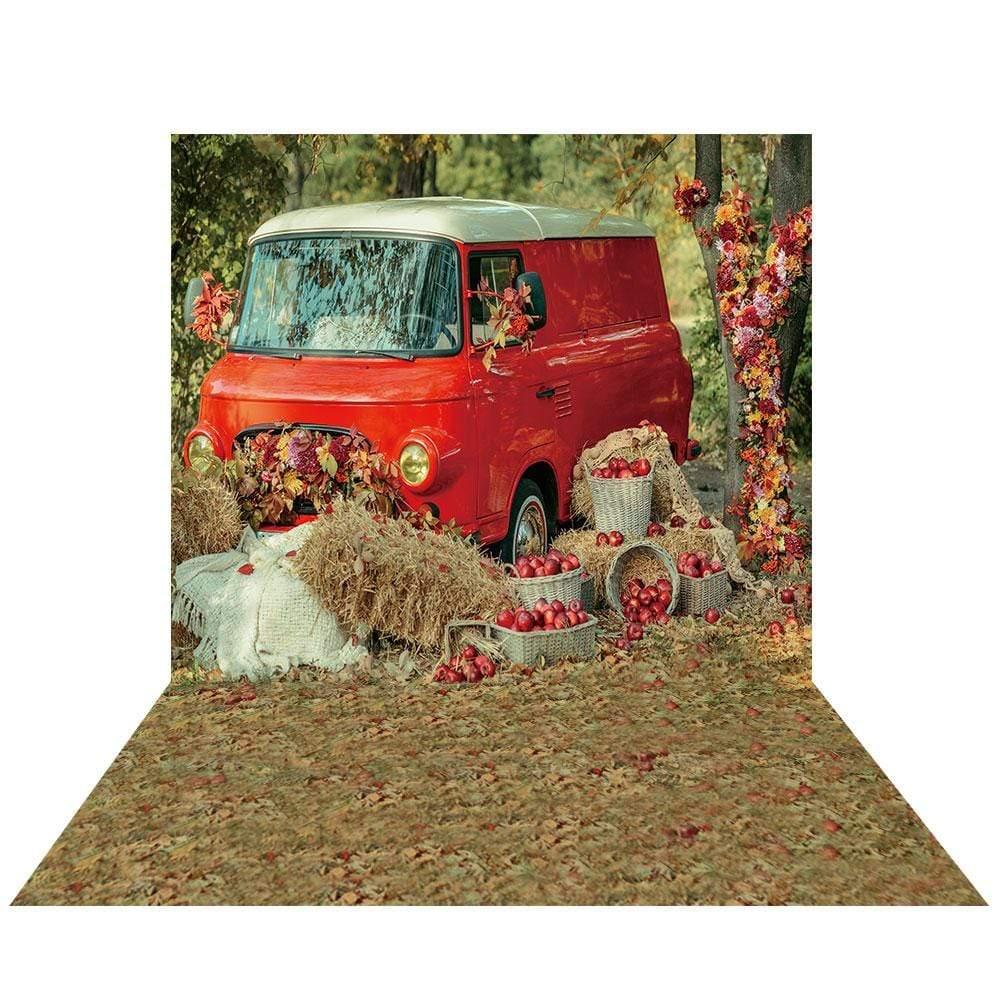 Allenjoy Fall Harvest Red Car Maple leaves Floor Backdrop for Kids - Allenjoystudio