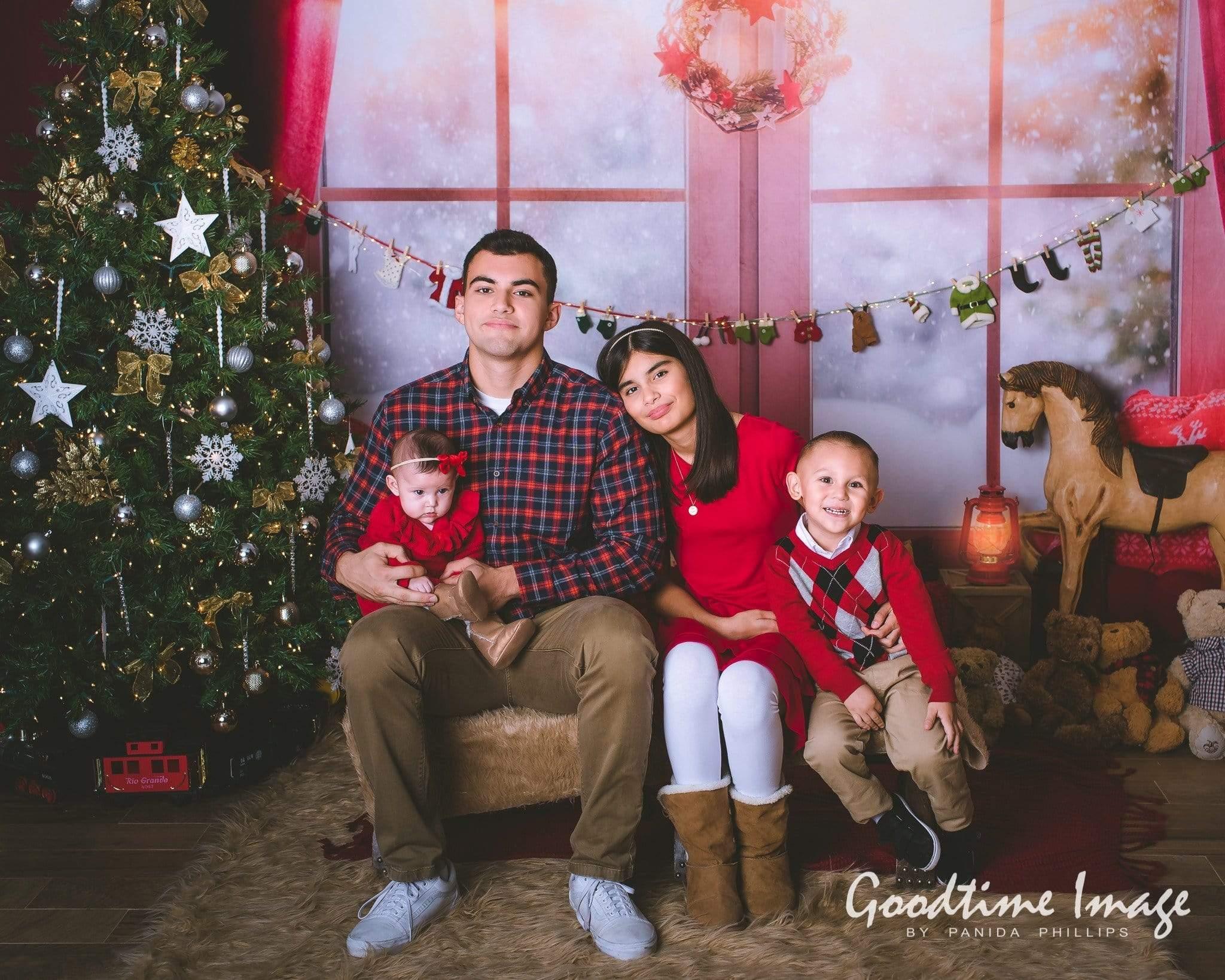 Allenjoy Christmas Bay Window Red Curtain Winter Snowy Backdrop - Allenjoystudio