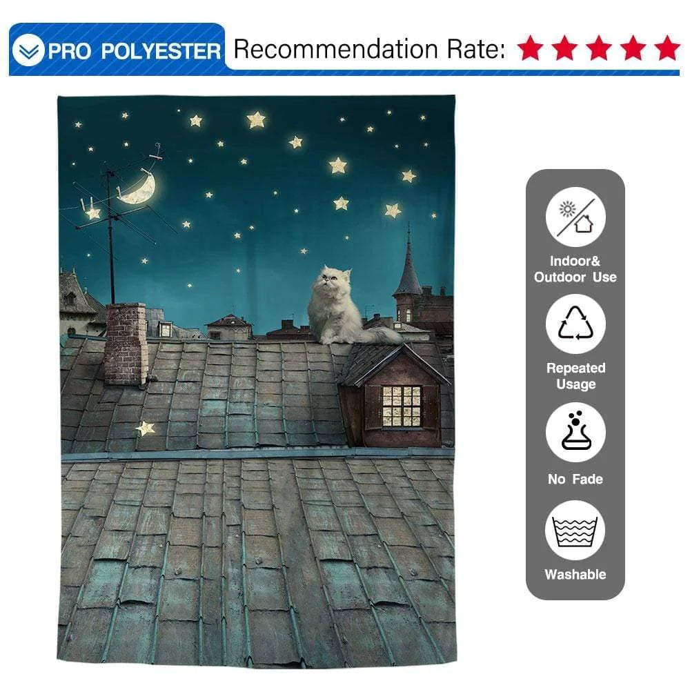 Allenjoy Backgound Children Story Roof Cat Moon and Star on Night Sky in Dream Backdrop - Allenjoystudio