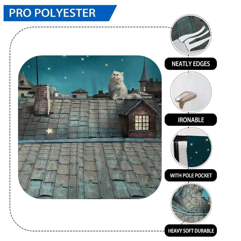 Allenjoy Backgound Children Story Roof Cat Moon and Star on Night Sky in Dream Backdrop - Allenjoystudio
