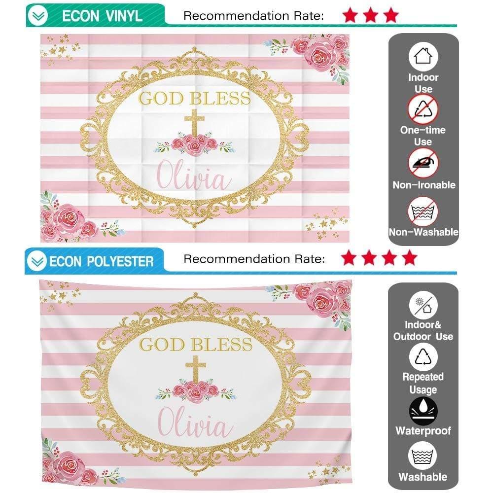 Allenjoy Pink and White Strips God Bless Custom Name Backdrop for Baptism - Allenjoystudio