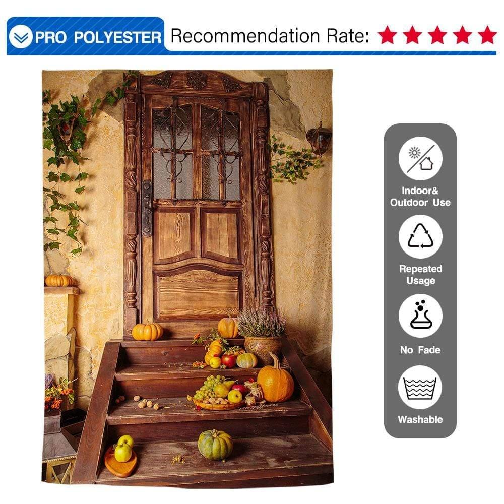 Allenjoy Autumn Pumpkins Fruits Wood Door Outside Photography Backdrop - Allenjoystudio