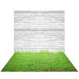 Allenjoy White Brick Wall Green Grass Floor