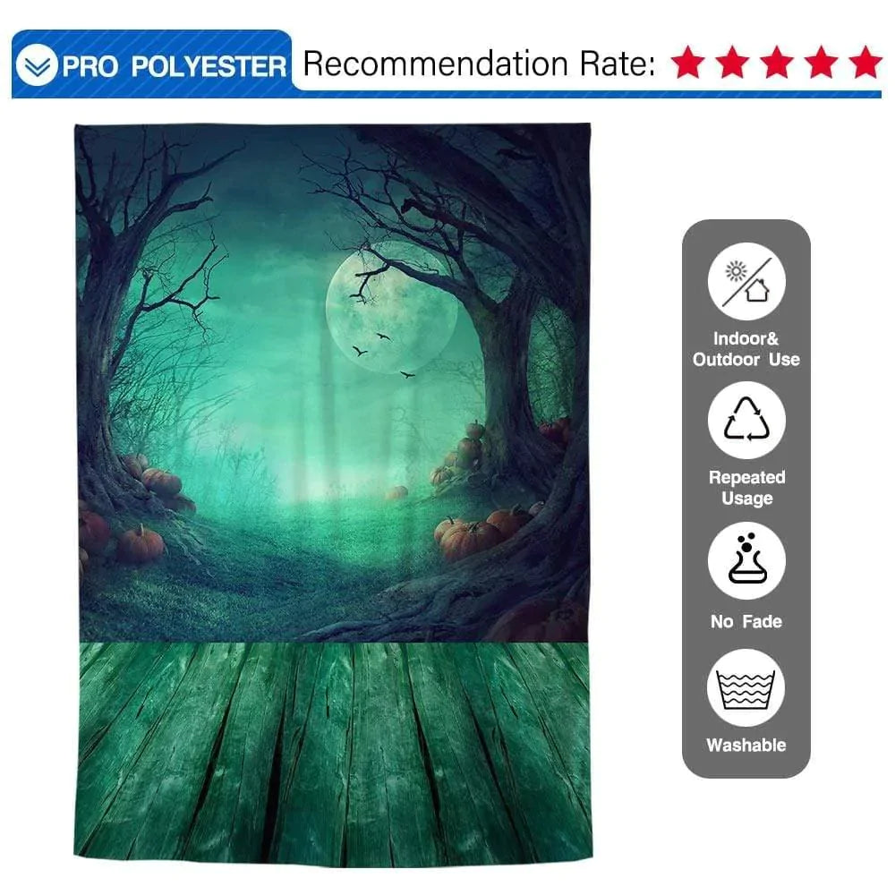 Allenjoy Halloween Night Moon Foggy Forest Wood Floor Green Backdrop - Allenjoystudio
