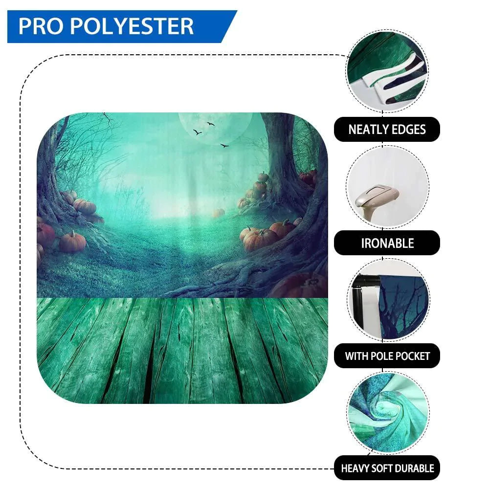 Allenjoy Halloween Night Moon Foggy Forest Wood Floor Green Backdrop - Allenjoystudio