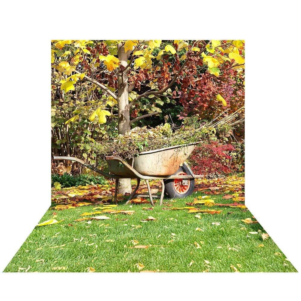 Allenjoy Farm Fallen Leaves Wheelbarrow Grass Backdrop - Allenjoystudio